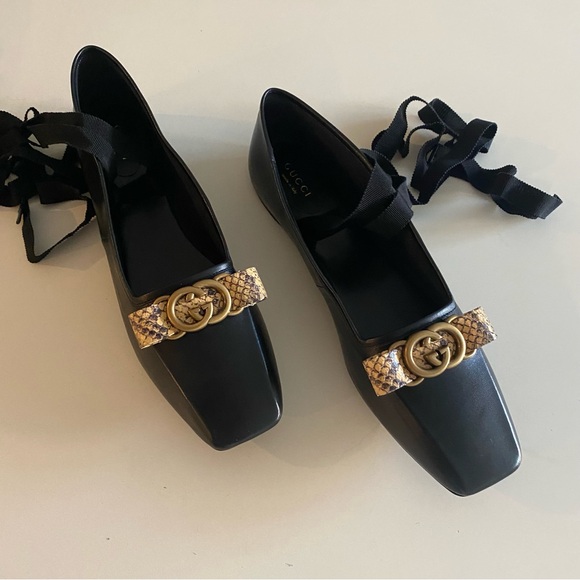 Gucci GG Python Bow Leather Ballet Flats - Picture 8 of 15